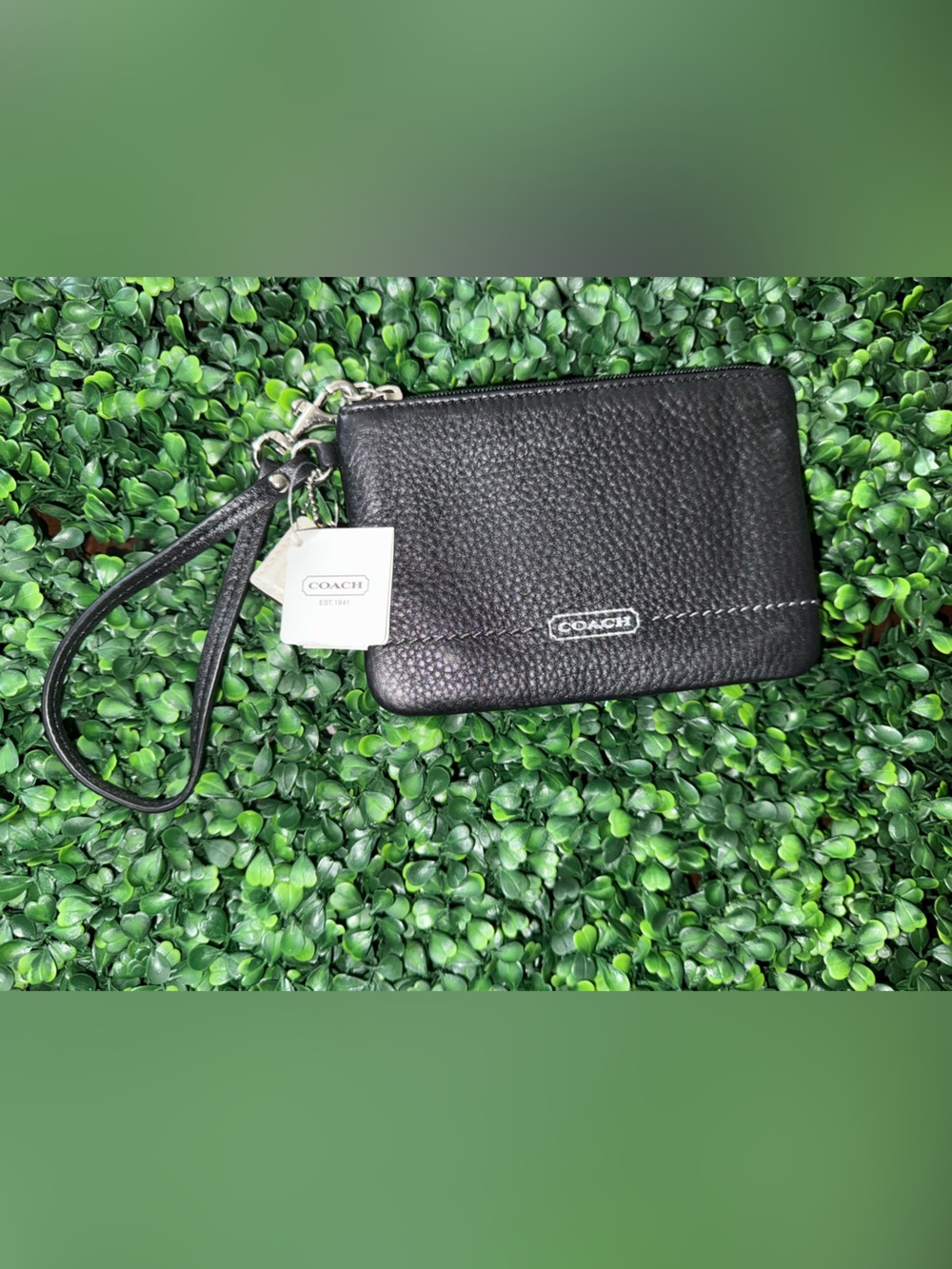 Coach Black Pebbled Leather Wristlet with Silver Hardware